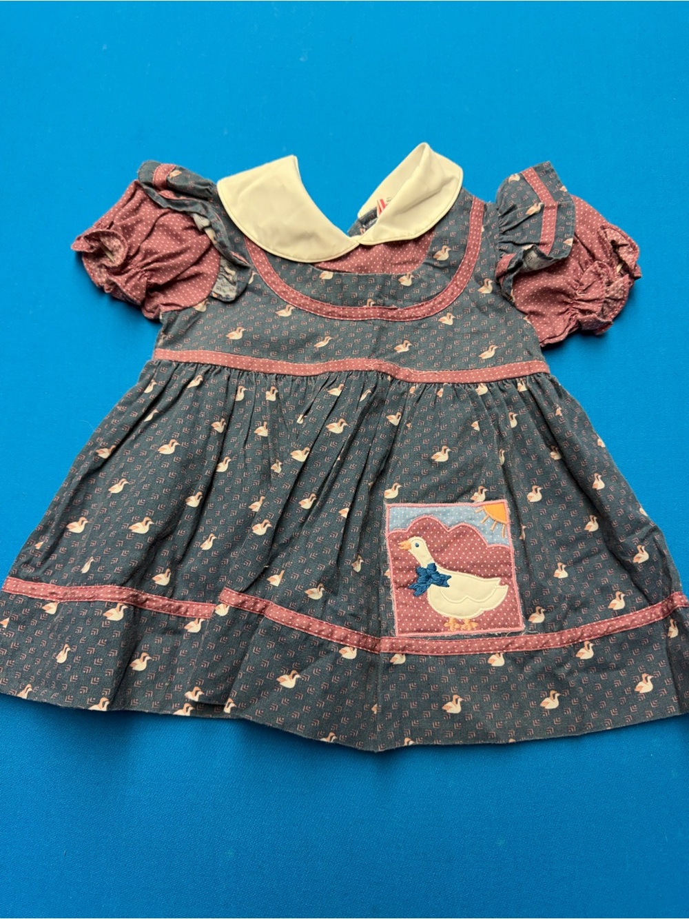 Vintage Duck Pocket Blue & Pink Toddler Dress with Peter Pan Collar